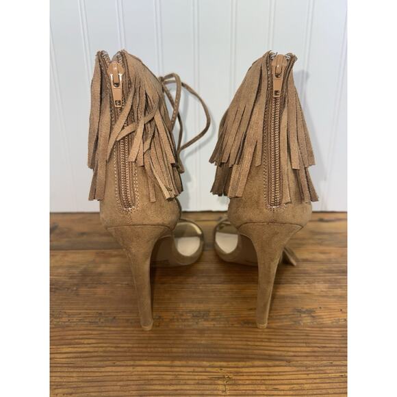 Womens Sz 7 Fringe Heels Ankle Wrap Open Toe Tan Zip Closure Platform Dressy - Picture 6 of 9